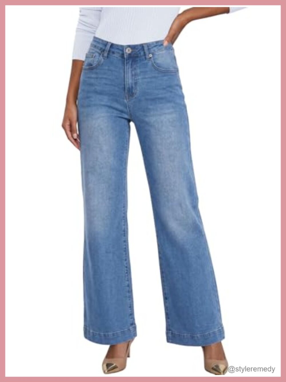 High Waisted Wide Leg Stretchy Denim Jeans with Pockets